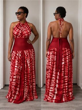 Red Tie-Dye Halter Backless Maxi Dress with Waistband